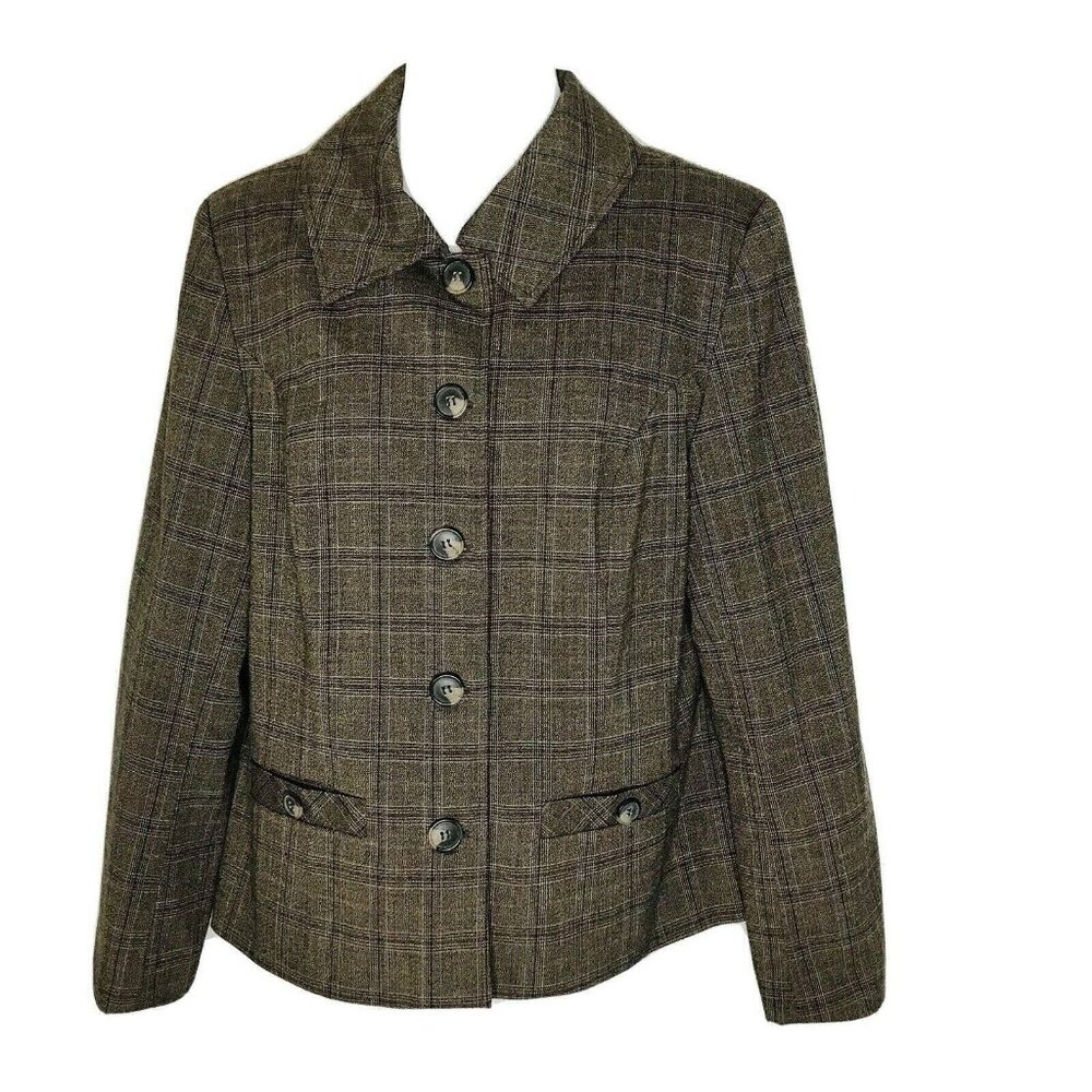 Vintage Lindor Blazer Jacket Womens 14P Brown Window Pane Plaid Lined Career